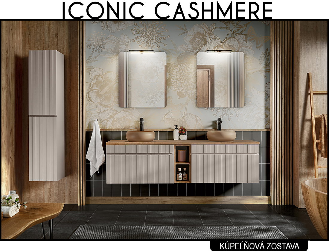 Koupelnová sestava ICONIC CASHMERE + 2x umyvadlo + 2x zrcadlo +2x LED svítidlo, 180 cm