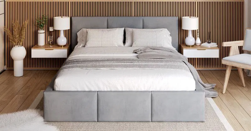 Čalúnená posteľ AMBER 160x200 Sivá Trinity s úložným priestorom a dreveným roštom