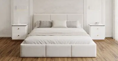 Čalúnená posteľ AMBER 140x200 Biela Trinity s úložným priestorom a dreveným roštom