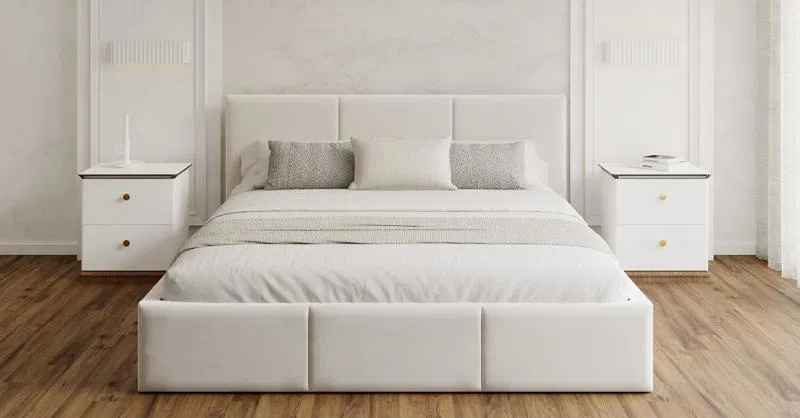 Čalúnená posteľ AMBER 140x200 Biela Trinity s úložným priestorom a dreveným roštom