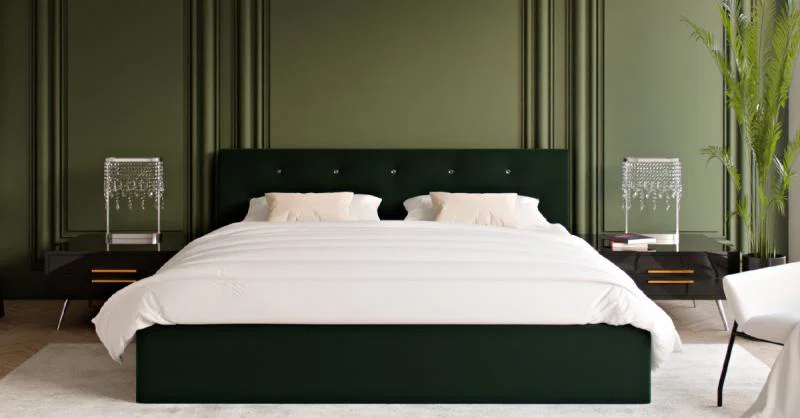 Čalúnená posteľ CRYSTAL tmavo zelená 140x200 s dreveným roštom