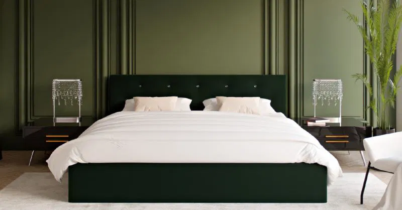 Čalúnená posteľ CRYSTAL tmavo zelená 180x200 s dreveným roštom