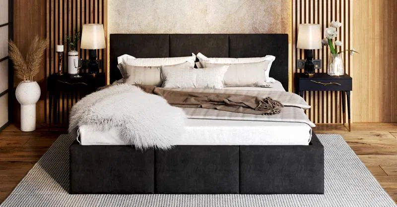 Čalúnená posteľ AMBER 180x200 Čierna Trinity s úložným priestorom a dreveným roštom