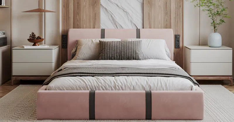 Čalúnená posteľ PLATINUM fialová biela 180x200 Trinity s dreveným roštom