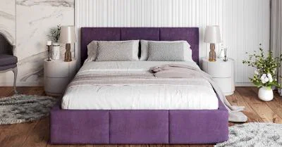 Čalúnená posteľ AMBER 140x200 Fialová Trinity s úložným priestorom a dreveným roštom