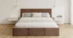 Čalúnená posteľ AMBER 140x200 Hnedá Trinity s úložným priestorom a dreveným roštom
