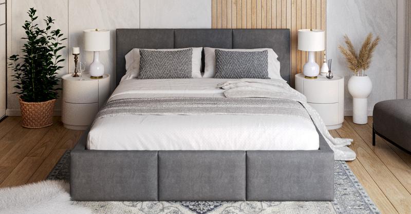 Čalúnená posteľ AMBER 140x200 Grafit Trinity s úložným priestorom a dreveným roštom
