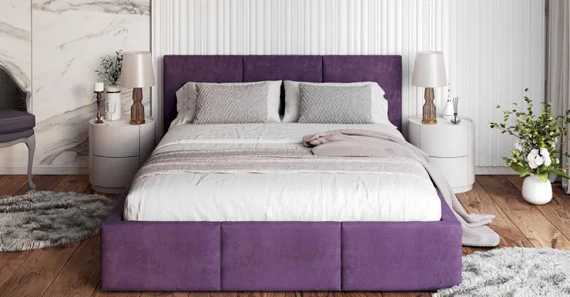 Čalúnená posteľ AMBER 160x200 Fialová Trinity s úložným priestorom a dreveným roštom
