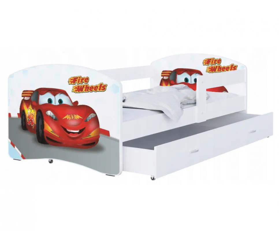 Detská posteľ LUKI so šuplíkom BILA 160x80cm vzor FIRE WHEELS 43L
