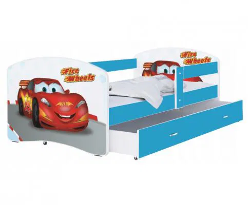 Detská posteľ LUKI so šuplíkom MODRÁ 160x80cm vzor FIRE WHEELS 43L