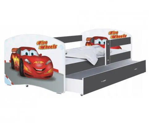 Detská posteľ LUKI so šuplíkom ŠEDÁ 160x80cm vzor FIRE WHEELS 43L