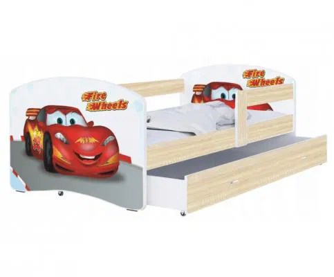 Detská posteľ LUKI so šuplíkom SONOMA 160x80cm vzor FIRE WHEELS 43L