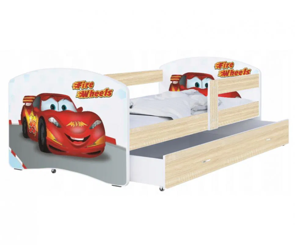 Detská posteľ LUKI so šuplíkom SONOMA 160x80cm vzor FIRE WHEELS 43L