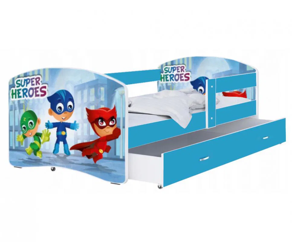 Detská posteľ LUKI so šuplíkom MODRÁ 160x80cm vzor SUPERHEROES 54L