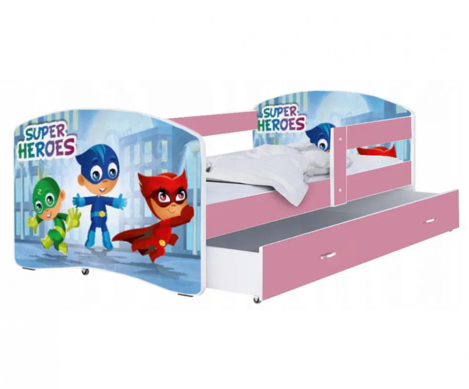 Detská posteľ LUKI so šuplíkom RUŽOVÁ 160x80cm vzor SUPERHEROES 54L