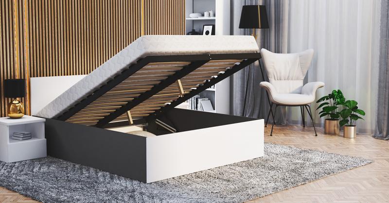 Posteľ PANAMA 120x200 so zdvíhacím dreveným roštom SIVÁ BIELA