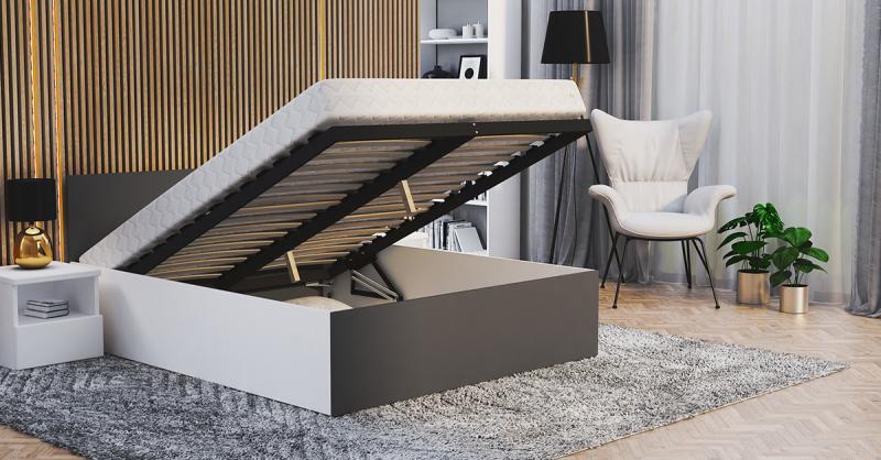Manželská posteľ PANAMA 140x200 so zdvíhacím dreveným roštom BIELA SIVÁ