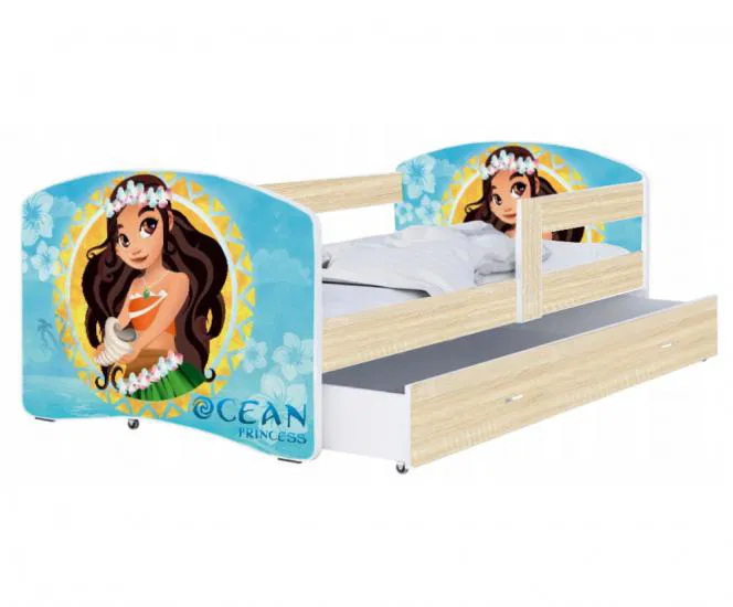 Detská posteľ LUKI so šuplíkom DUB SONOMA 160x80 vzor OCEAN PRINCESS