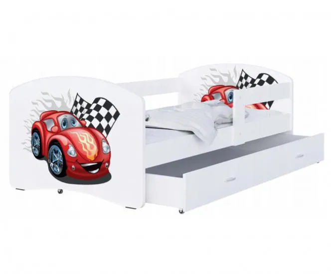 Detská posteľ LUKI so šuplíkom BIELA 160x80 vzor ZÁVODNÉ AUTO