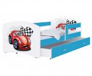 Detská posteľ LUKI so šuplíkom MODRÁ 160x80 cm vzor ZÁVODNÉ AUTO