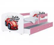 Detská posteľ LUKI so šuplíkom RUŽOVÁ 160x80 cm vzor ZÁVODNÉ AUTO
