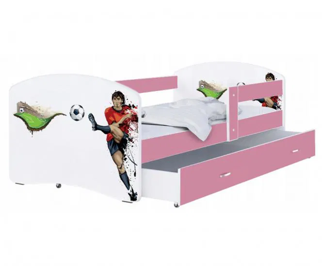 Detská posteľ LUKI so šuplíkom RUŽOVÁ 160x80 cm vzor FUTBAL
