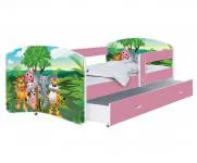Detská posteľ LUKI so šuplíkom RUŽOVÁ 160x80 cm vzor ZVIERATKA JUNGLE