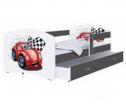 Detská posteľ LUKI so šuplíkom ŠEDÁ 160x80 cm vzor ZÁVODNÉ AUTO