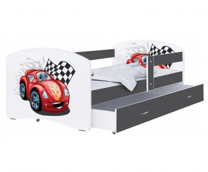 Detská posteľ LUKI so šuplíkom ŠEDÁ 160x80 cm vzor ZÁVODNÉ AUTO
