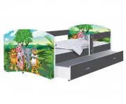 Detská posteľ LUKI so šuplíkom ŠEDÁ 160x80 cm vzor ZVIERATKA JUNGLE