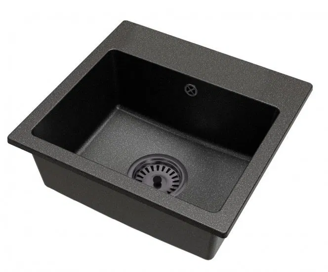 Granitový drez DON ČIERNÁ s textúrou žuly + čierny sifón 44,2 x 41,5 x 17,1cm
