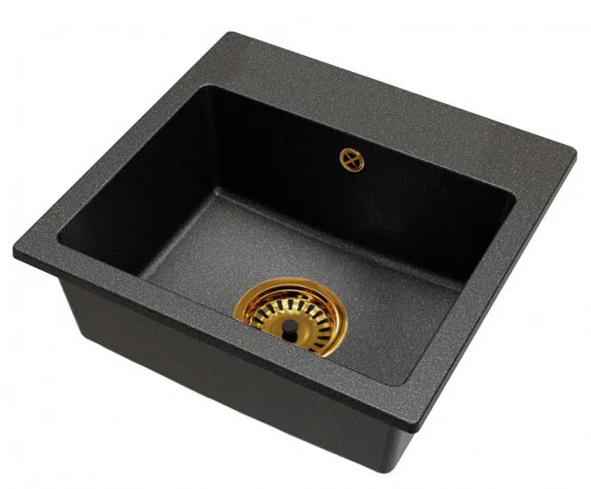 Granitový drez DON ČIERNÁ s textúrou žuly + zlatý sifón 44,2 x 41,5 x 17,1cm
