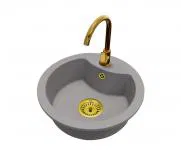 Granitový drez MILA šedý + batéria DECO zlatá + zlatý sifón