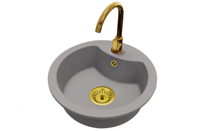 Granitový drez MILA šedý + batéria DECO zlatá + zlatý sifón