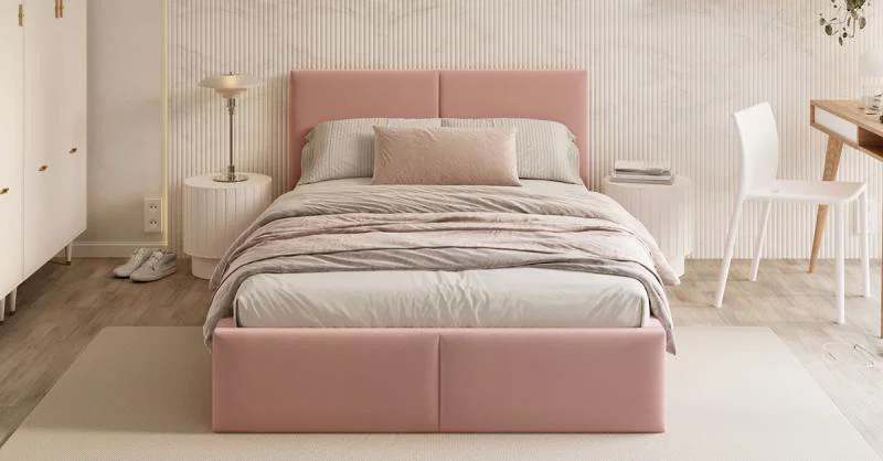 Čalúnená posteľ FRESIA 120x200 s kovovým zdvižným roštom RUŽOVÁ