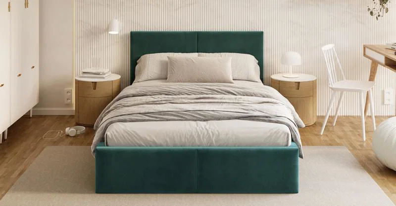 Čalúnená posteľ FRESIA 120x200 s kovovým zdvižným roštom TYRKYSOVÁ