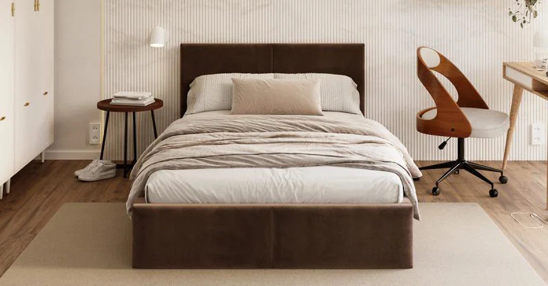 Čalúnená posteľ FRESIA 120x200 s kovovým zdvižným roštom HNEDÁ