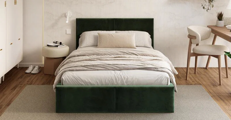 Čalúnená posteľ FRESIA 120x200 s kovovým zdvižným roštom ZELENÁ