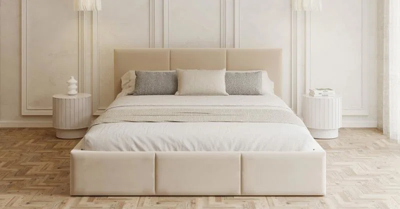 Čalúnená posteľ FRESIA 140x200 s kovovým zdvižným roštom krémová