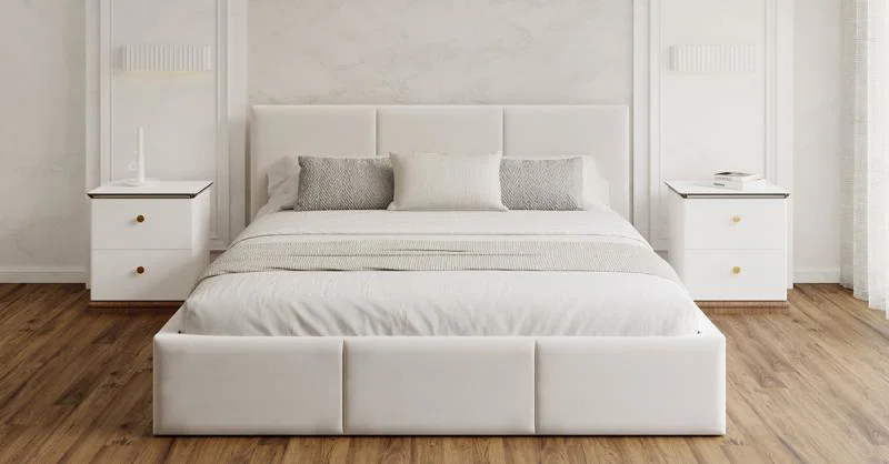 Čalúnená posteľ FRESIA 160x200 s kovovým zdvižným roštom BIELA