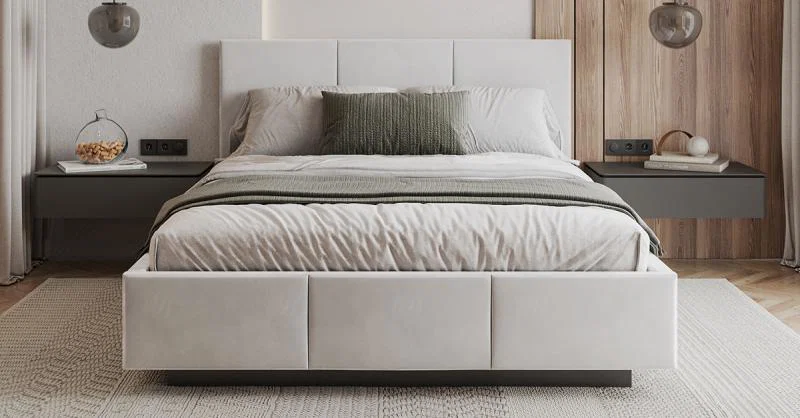 Čalúnená posteľ AVEIRO 160x200 s kovovým zdvižným roštom BIELA