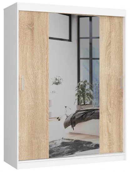 Šatníková skriňa s posuvnými dverami a zrkadlom 150cm biela / sonoma