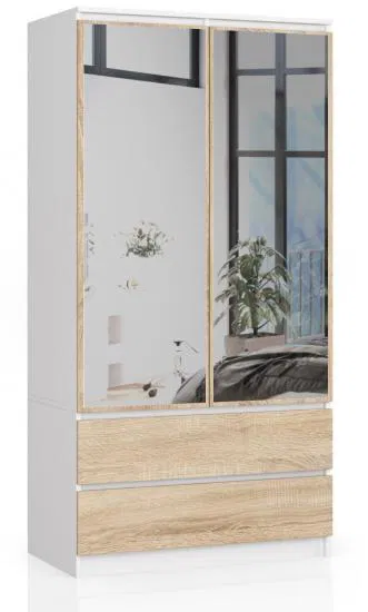 Šatníková skriňa s otočnými dverami a zrkadlom 90 cm biela / sonoma