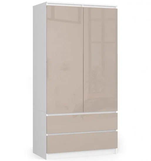 Šatníková skriňa s otočnými dverami 90 cm 2 dverami 2 zásuvkami - biela / cappucino lesklá