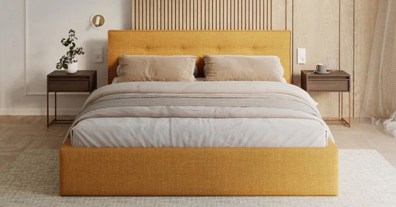 Čalúnená posteľ TULSA 160x200 so zdvižným roštom medovo žltá