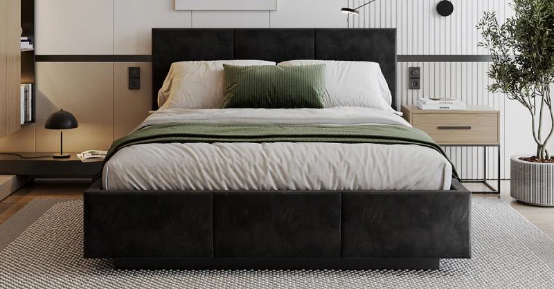 Čalúnená posteľ AVEIRO 120x200 s kovovým zdvižným roštom ČIERNÁ