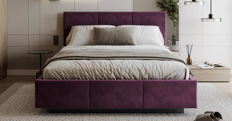 Čalúnená posteľ AVEIRO 140x200 s kovovým zdvižným roštom FIALOVÁ