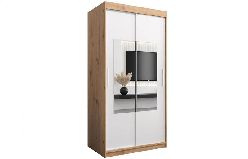 Šatníková skriňa s posuvnými dverami a zrkadlom TORINO 100cm artisan / biela