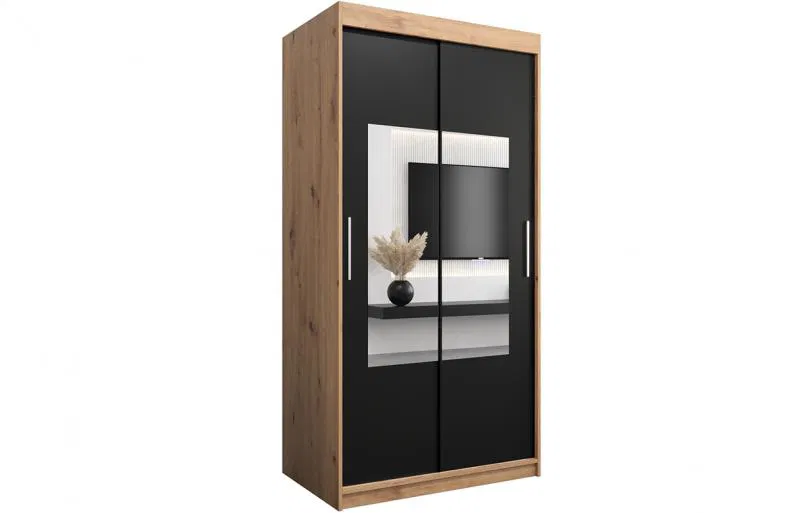 Šatníková skriňa s posuvnými dverami a zrkadlom TORINO 100cm artisan / čierná