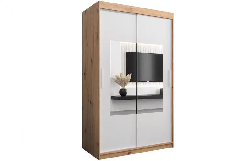 Šatníková skriňa s posuvnými dverami a zrkadlom TORINO 120cm artisan / biela